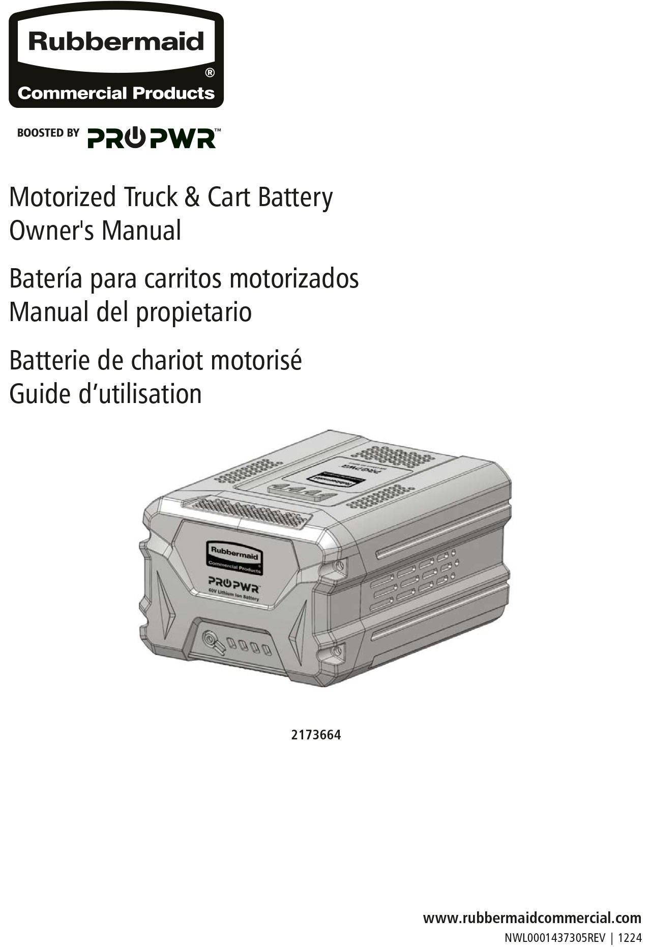 Owner's Manual covering information about Motorized Housekeeping Carts (2173556), Motorized Platform Trucks (2173663, 2173661), Motorized Tilt Trucks (2173519, 2173662), and battery (2173664).