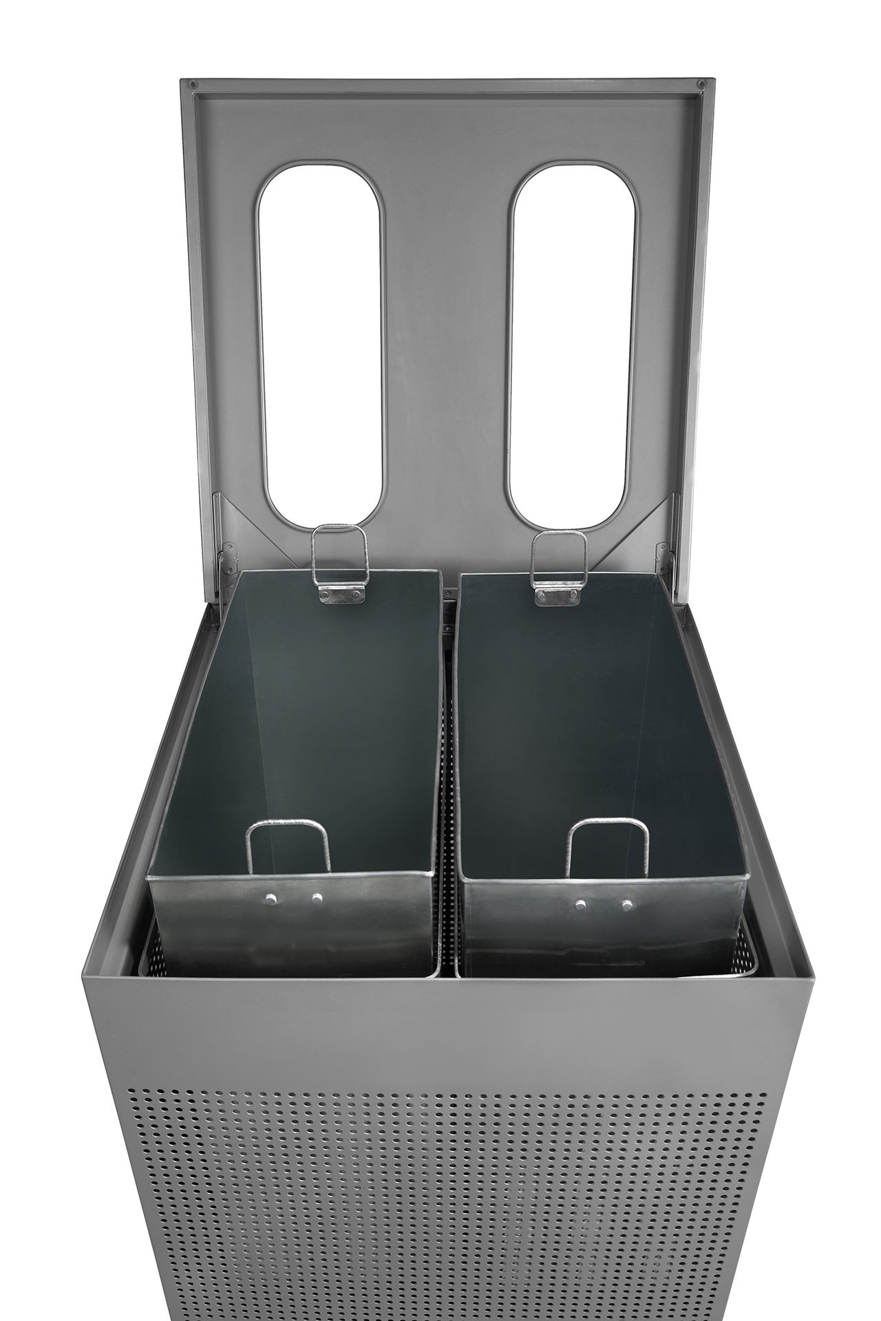 The sleek Silhouettes 34 Gallon Dual Stream Square Indoor Waste Container has a contemporary perforated pattern designed to seamlessly and beautifully blend with modern facilities and environments. Dual stream design includes two metal liners for improved waste diversion.