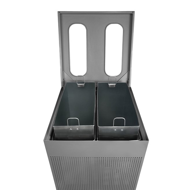 The sleek Silhouettes 34 Gallon Dual Stream Square Indoor Waste Container has a contemporary perforated pattern designed to seamlessly and beautifully blend with modern facilities and environments. Dual stream design includes two metal liners for improved waste diversion.