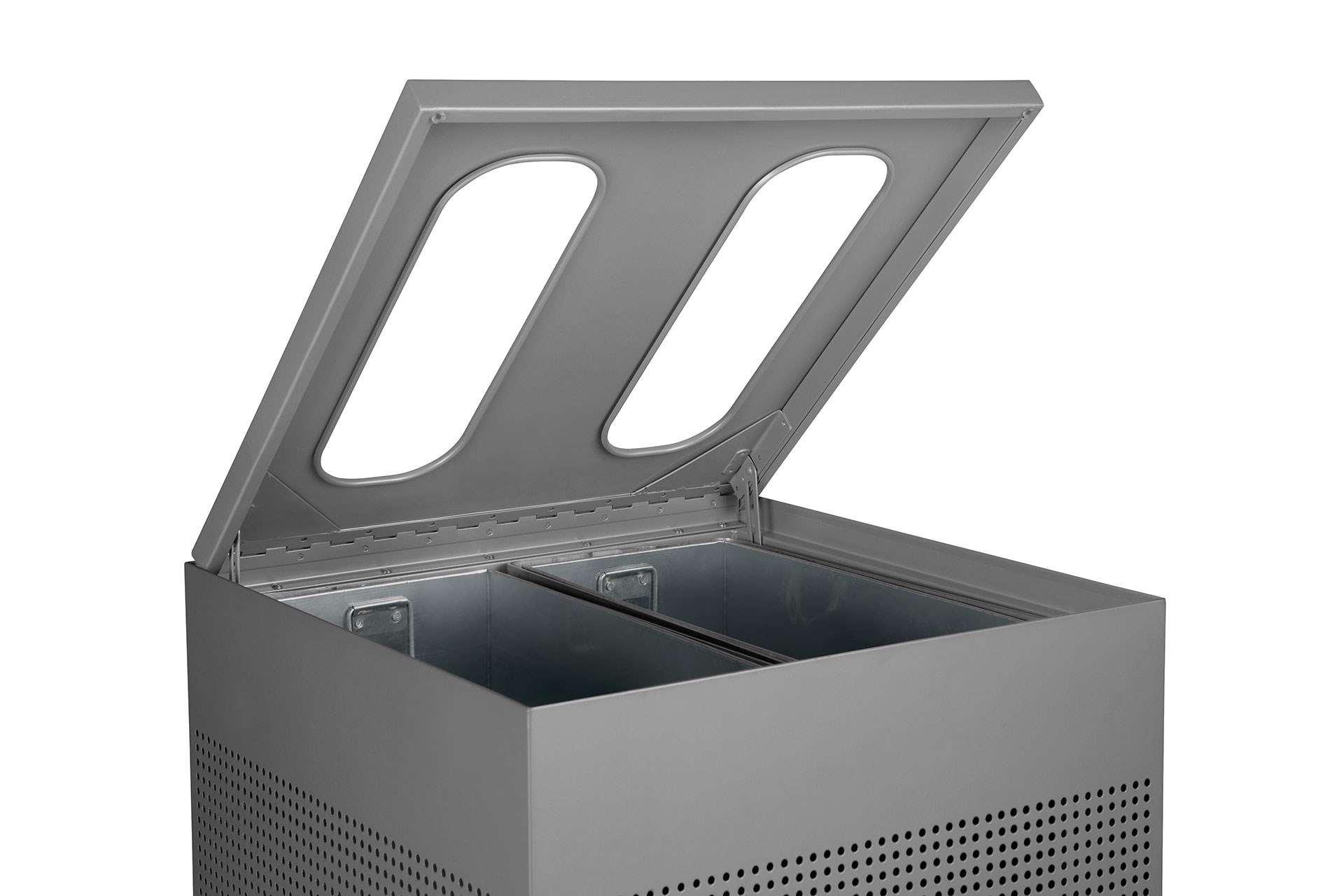 The sleek Silhouettes 34 Gallon Dual Stream Square Indoor Waste Container has a contemporary perforated pattern designed to seamlessly and beautifully blend with modern facilities and environments. Dual stream design includes two metal liners for improved waste diversion.