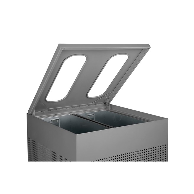 The sleek Silhouettes 34 Gallon Dual Stream Square Indoor Waste Container has a contemporary perforated pattern designed to seamlessly and beautifully blend with modern facilities and environments. Dual stream design includes two metal liners for improved waste diversion.