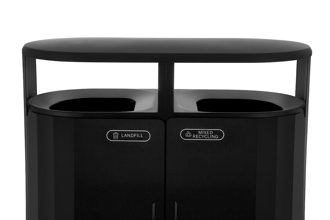 The Resist® Dual Stream Waste & Recycling Container is designed to maintain high-quality aesthetics under the most extreme outdoor conditions. Proprietary fan design resists up to 500lbs. of sustained blunt force.