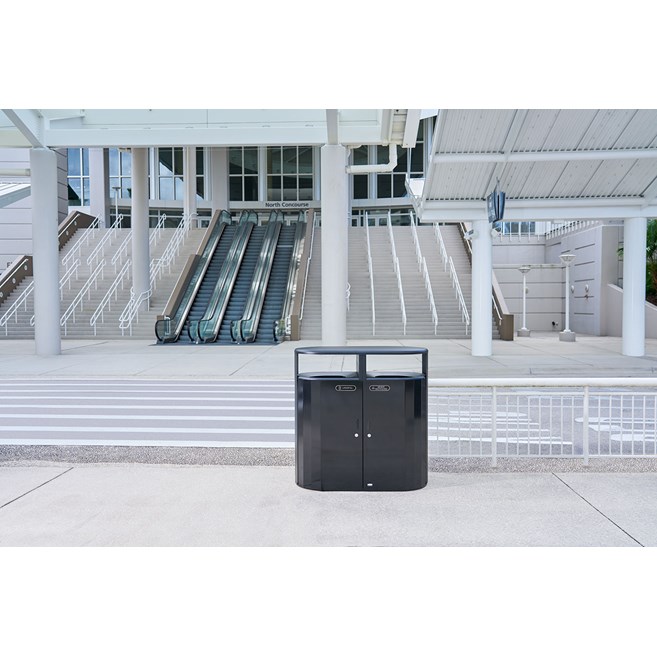 The Resist® Dual Stream Waste & Recycling Container is designed to maintain high-quality aesthetics under the most extreme outdoor conditions. Proprietary fan design resists up to 500lbs. of sustained blunt force.