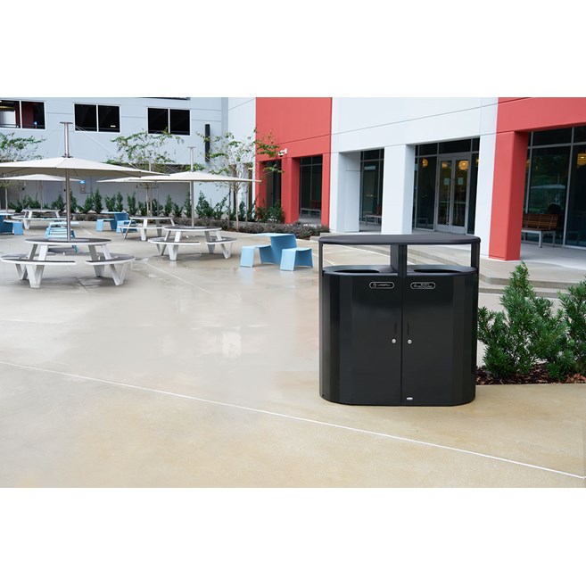 The Resist® Dual Stream Waste & Recycling Container is designed to maintain high-quality aesthetics under the most extreme outdoor conditions. Proprietary fan design resists up to 500lbs. of sustained blunt force.