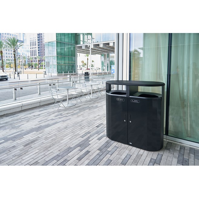 The Resist® Dual Stream Waste & Recycling Container is designed to maintain high-quality aesthetics under the most extreme outdoor conditions. Proprietary fan design resists up to 500lbs. of sustained blunt force.