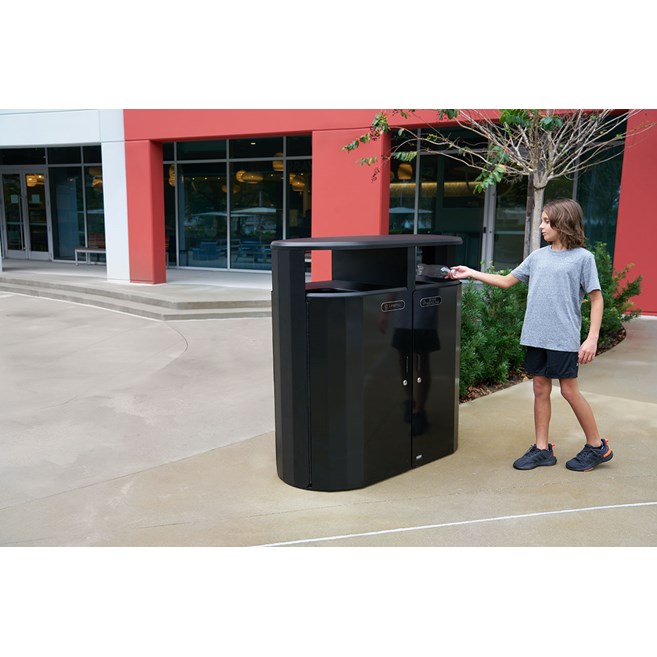 The Resist® Dual Stream Waste & Recycling Container is designed to maintain high-quality aesthetics under the most extreme outdoor conditions. Proprietary fan design resists up to 500lbs. of sustained blunt force.