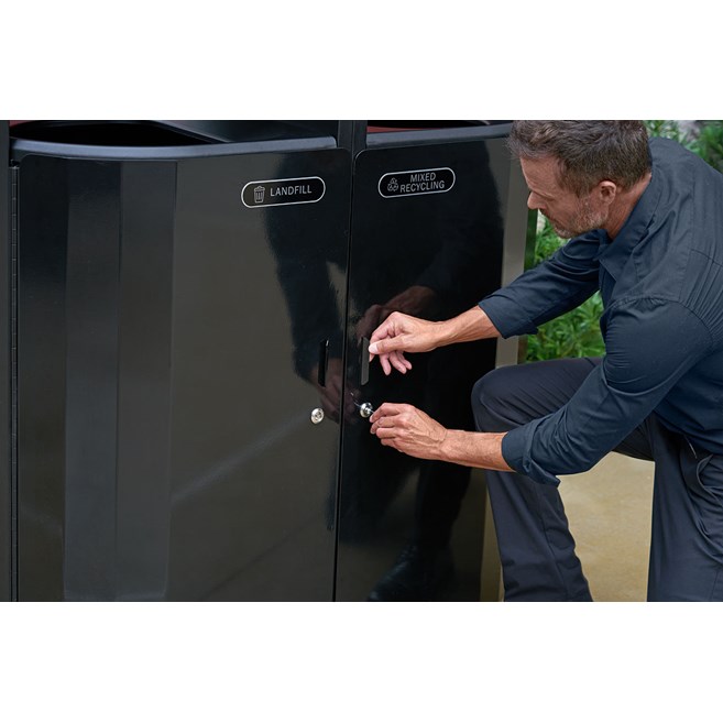 The Resist® Dual Stream Waste & Recycling Container is designed to maintain high-quality aesthetics under the most extreme outdoor conditions. Proprietary fan design resists up to 500lbs. of sustained blunt force.