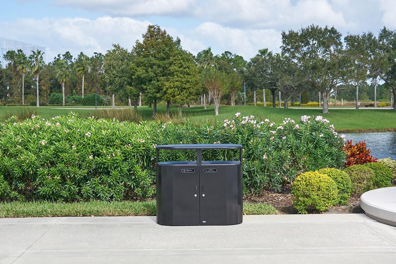 The Resist® Dual Stream Waste & Recycling Container is designed to maintain high-quality aesthetics under the most extreme outdoor conditions. Proprietary fan design resists up to 500lbs. of sustained blunt force.