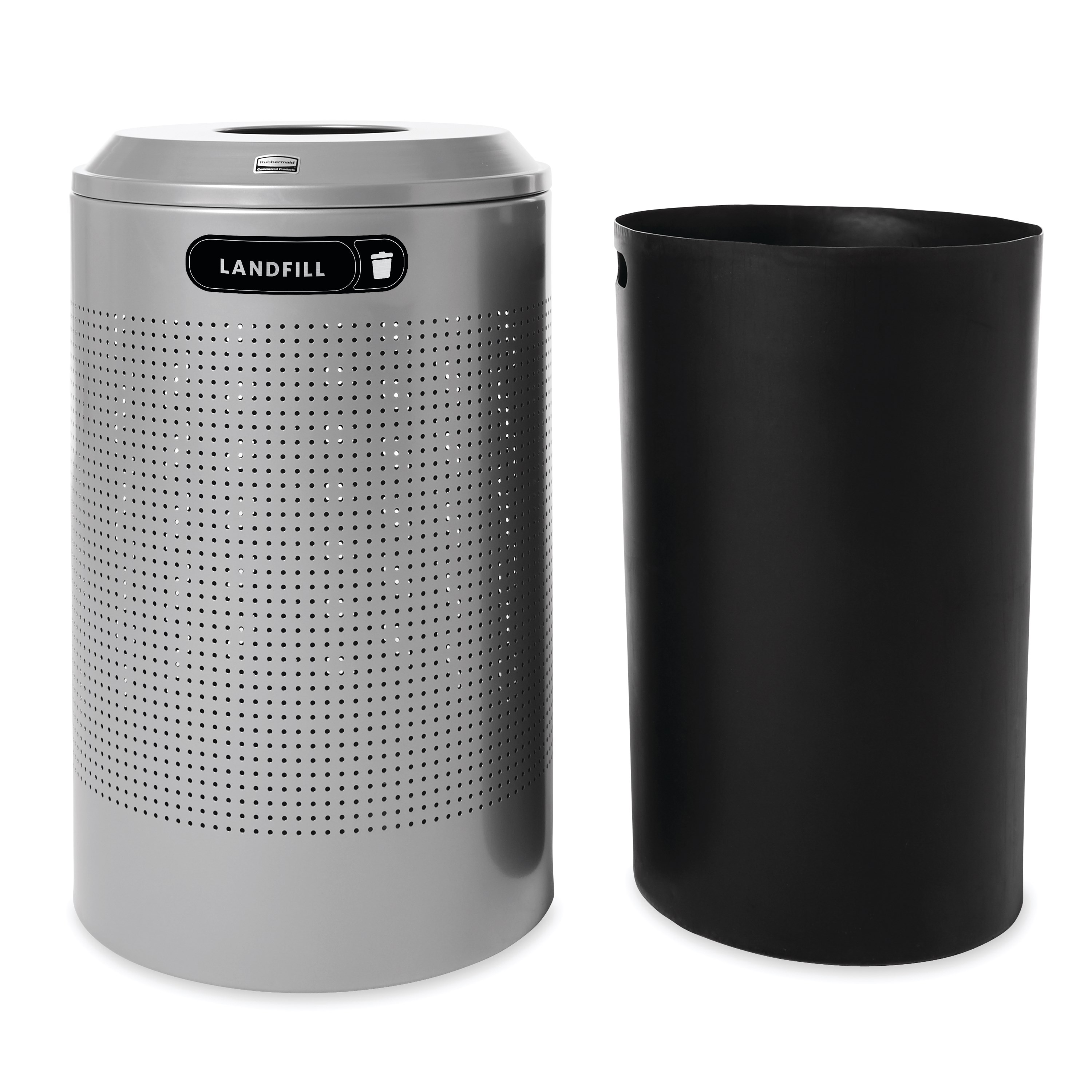 The sleek Silhouettes 26 Gallon FGDRR24 Decorative Round Indoor Recycling Container has a contemporary perforated pattern designed to seamlessly and beautifully blend with modern facilities and environments.