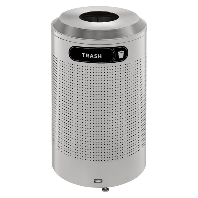 The sleek Silhouettes 26 Gallon FGDRR24 Decorative Round Indoor Recycling Container has a contemporary perforated pattern designed to seamlessly and beautifully blend with modern facilities and environments.