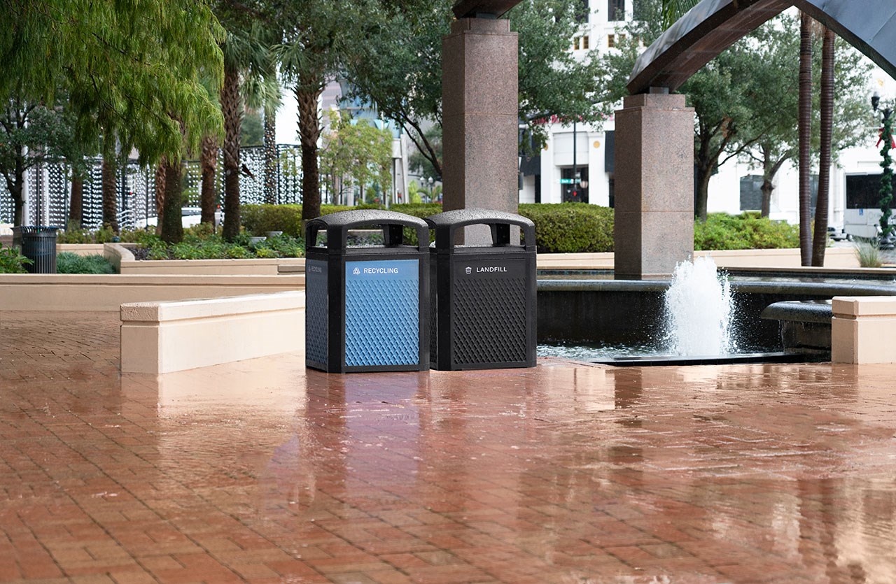 Landmark Series® Containers are the ideal solution for high-volume outdoor waste collection. Easy-to-service design features a hinged top with a stay-open strap to access rigid liner for quick waste removal.