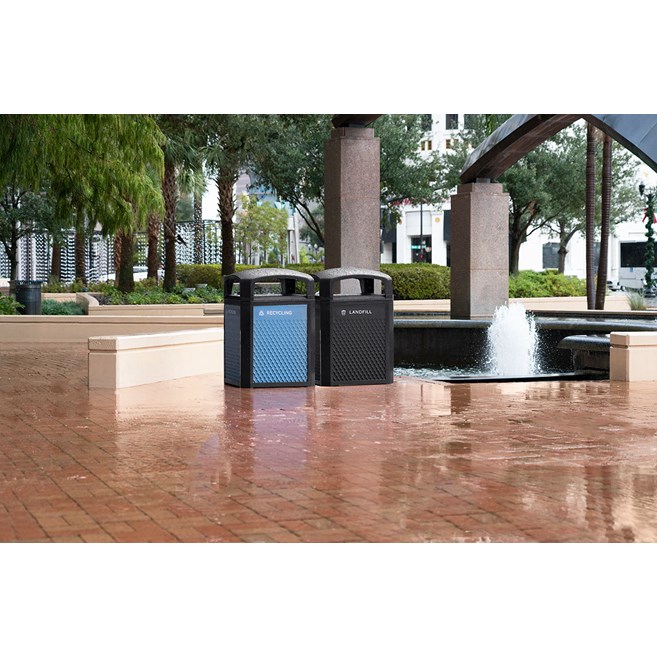 Landmark Series® Containers are the ideal solution for high-volume outdoor waste collection. Easy-to-service design features a hinged top with a stay-open strap to access rigid liner for quick waste removal.