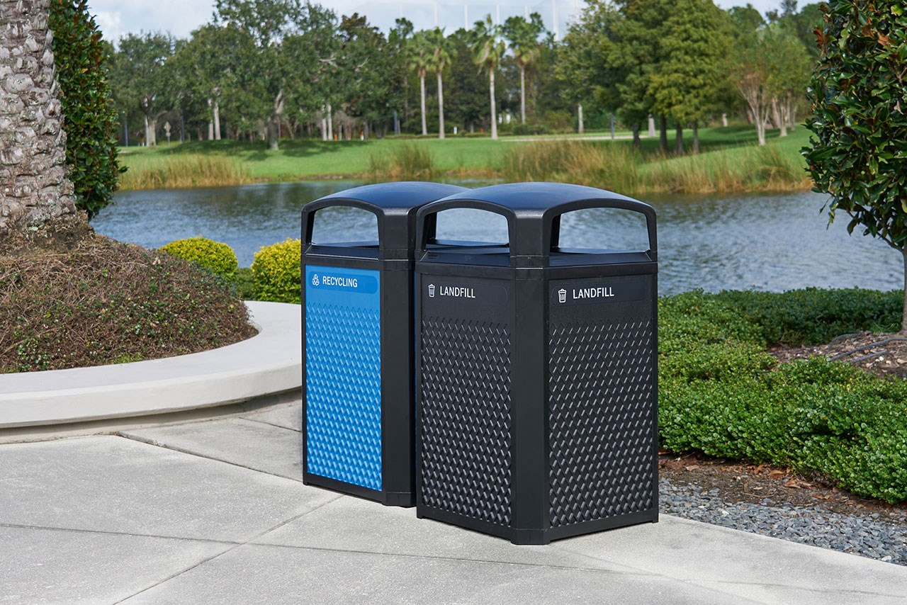 Landmark Series® Containers are the ideal solution for high-volume outdoor waste collection. Easy-to-service design features a hinged top with a stay-open strap to access rigid liner for quick waste removal.