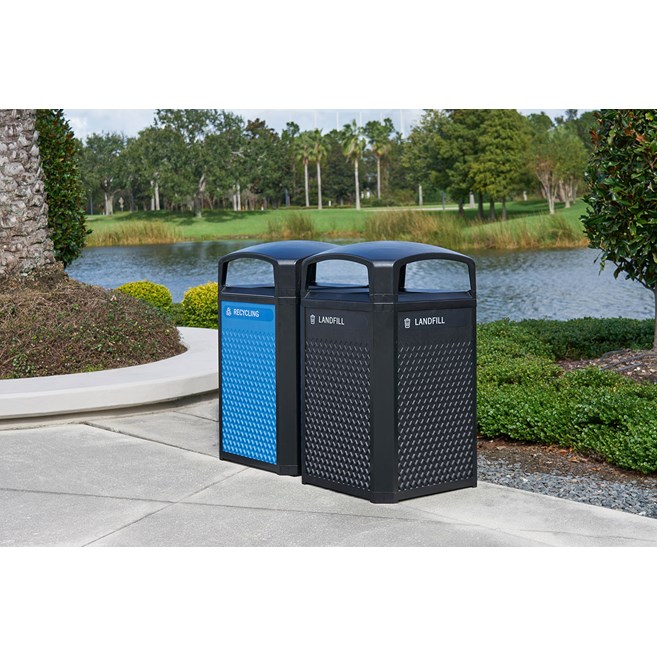 Landmark Series® Containers are the ideal solution for high-volume outdoor waste collection. Easy-to-service design features a hinged top with a stay-open strap to access rigid liner for quick waste removal.