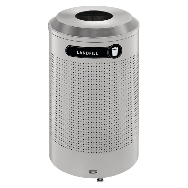 The sleek Silhouettes 26 Gallon FGDRR24 Decorative Round Indoor Recycling Container has a contemporary perforated pattern designed to seamlessly and beautifully blend with modern facilities and environments.