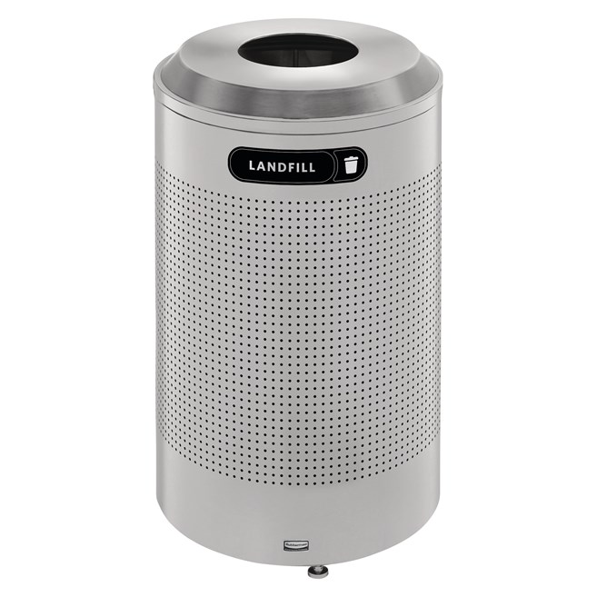 The sleek Silhouettes 26 Gallon FGDRR24 Decorative Round Indoor Recycling Container has a contemporary perforated pattern designed to seamlessly and beautifully blend with modern facilities and environments.