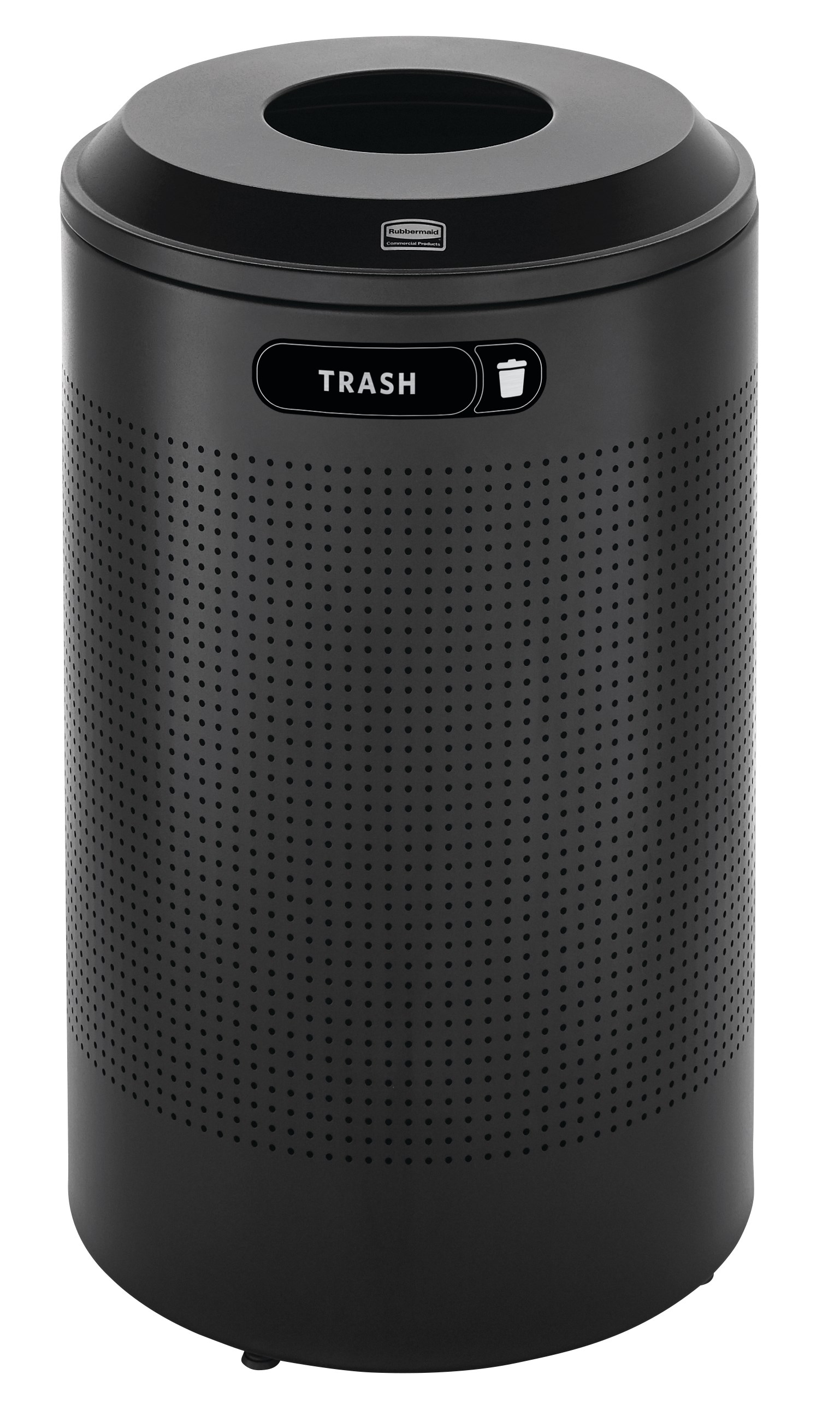 The sleek Silhouettes 26 Gallon FGDRR24 Decorative Round Indoor Recycling Container has a contemporary perforated pattern designed to seamlessly and beautifully blend with modern facilities and environments.