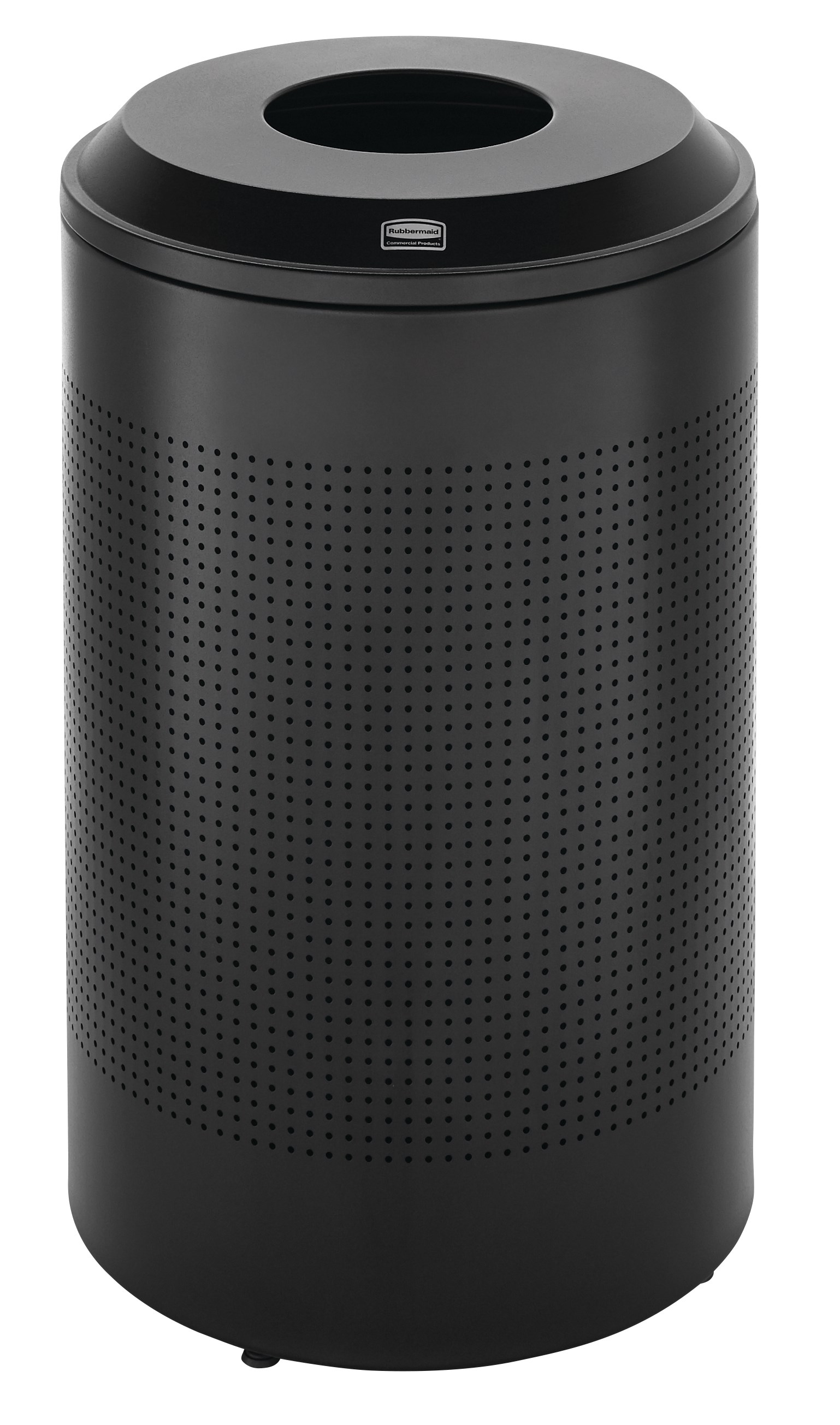 The sleek Silhouettes 26 Gallon FGDRR24 Decorative Round Indoor Recycling Container has a contemporary perforated pattern designed to seamlessly and beautifully blend with modern facilities and environments.