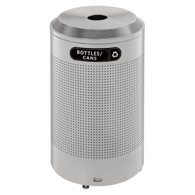 The sleek Silhouettes 26 Gallon FGDRR24 Decorative Round Indoor Recycling Container has a contemporary perforated pattern designed to seamlessly and beautifully blend with modern facilities and environments.