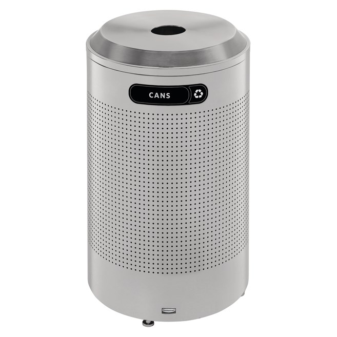The sleek Silhouettes 26 Gallon FGDRR24 Decorative Round Indoor Recycling Container has a contemporary perforated pattern designed to seamlessly and beautifully blend with modern facilities and environments.