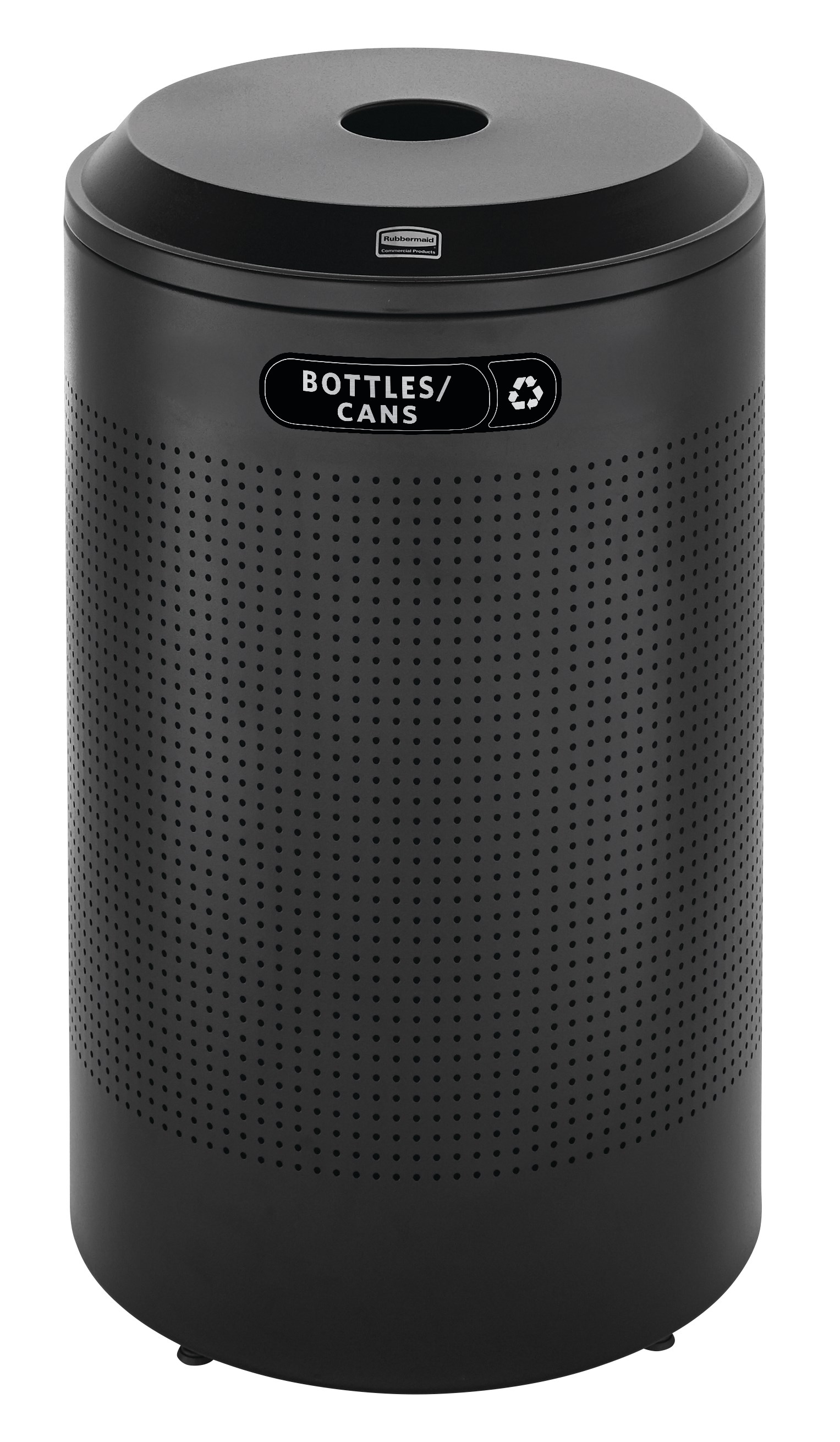 The sleek Silhouettes 26 Gallon FGDRR24 Decorative Round Indoor Recycling Container has a contemporary perforated pattern designed to seamlessly and beautifully blend with modern facilities and environments.