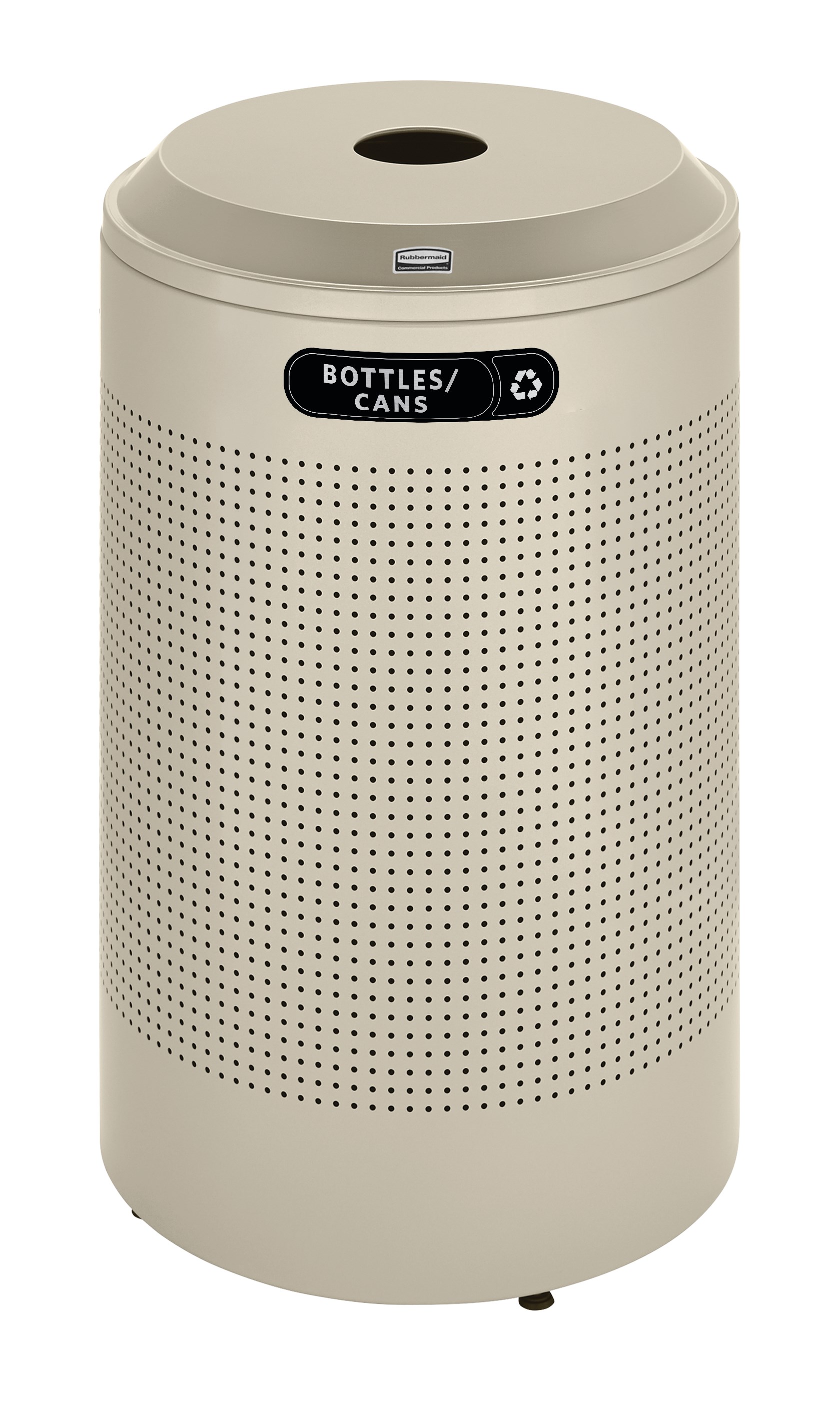 The sleek Silhouettes 26 Gallon FGDRR24 Decorative Round Indoor Recycling Container has a contemporary perforated pattern designed to seamlessly and beautifully blend with modern facilities and environments.