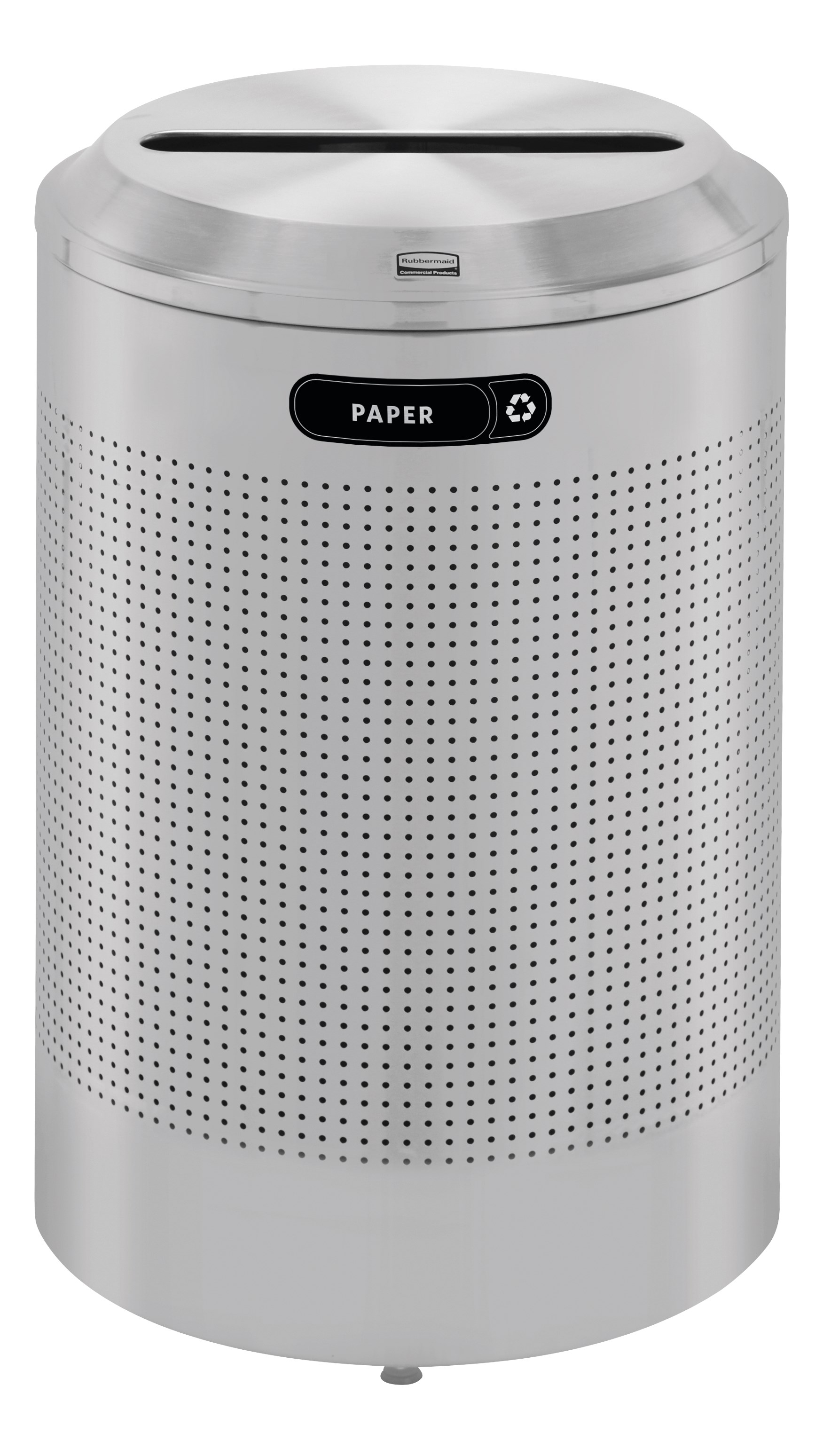 The sleek Silhouettes 26 Gallon FGDRR24 Decorative Round Indoor Recycling Container has a contemporary perforated pattern designed to seamlessly and beautifully blend with modern facilities and environments.
