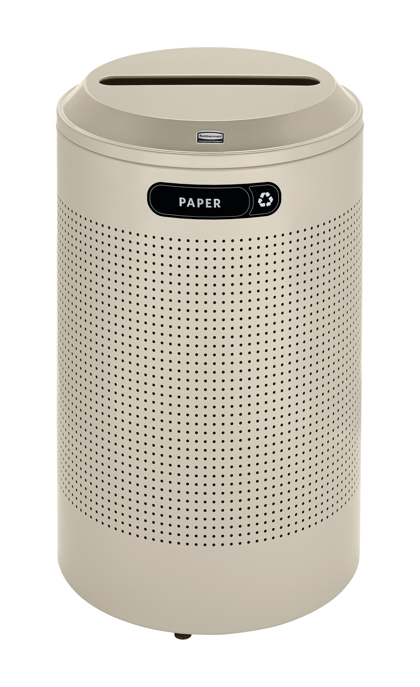 The sleek Silhouettes 26 Gallon FGDRR24 Decorative Round Indoor Recycling Container has a contemporary perforated pattern designed to seamlessly and beautifully blend with modern facilities and environments.