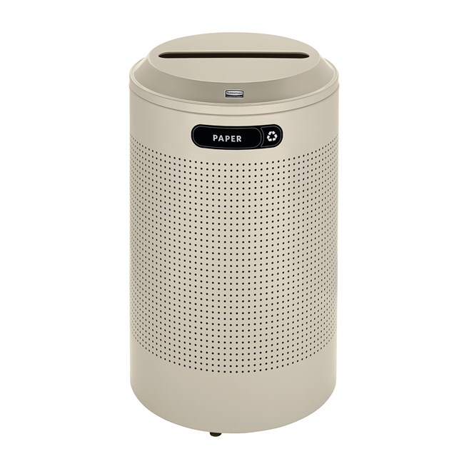 The sleek Silhouettes 26 Gallon FGDRR24 Decorative Round Indoor Recycling Container has a contemporary perforated pattern designed to seamlessly and beautifully blend with modern facilities and environments.