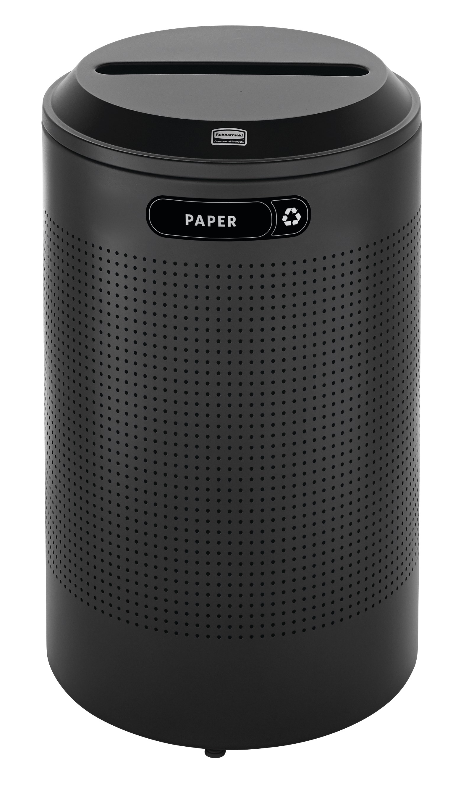 The sleek Silhouettes 26 Gallon FGDRR24 Decorative Round Indoor Recycling Container has a contemporary perforated pattern designed to seamlessly and beautifully blend with modern facilities and environments.