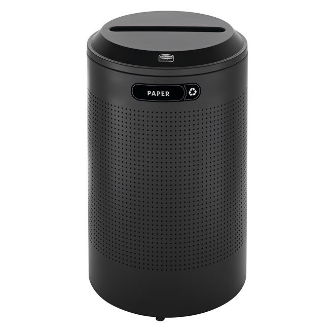 The sleek Silhouettes 26 Gallon FGDRR24 Decorative Round Indoor Recycling Container has a contemporary perforated pattern designed to seamlessly and beautifully blend with modern facilities and environments.