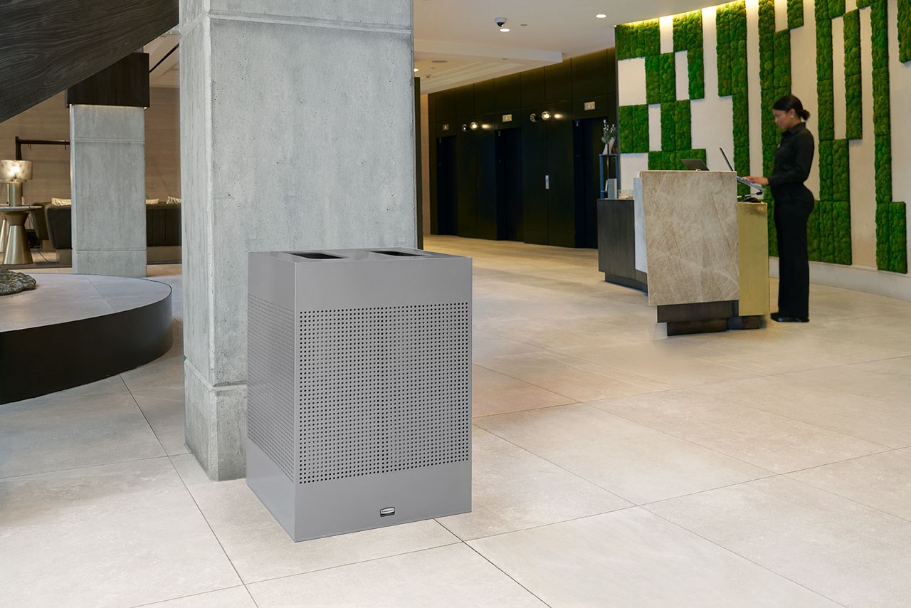 The sleek Silhouettes 34 Gallon Dual Stream Square Indoor Waste Container has a contemporary perforated pattern designed to seamlessly and beautifully blend with modern facilities and environments. Dual stream design includes two metal liners for improved waste diversion.