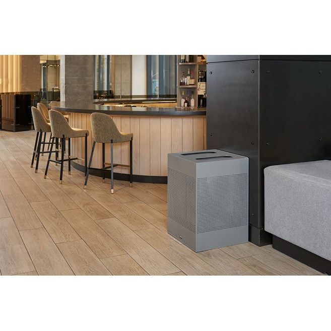 The sleek Silhouettes 34 Gallon Dual Stream Square Indoor Waste Container has a contemporary perforated pattern designed to seamlessly and beautifully blend with modern facilities and environments. Dual stream design includes two metal liners for improved waste diversion.
