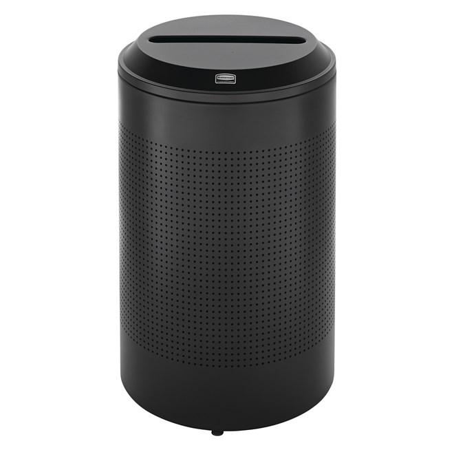 The sleek Silhouettes 26 Gallon FGDRR24 Decorative Round Indoor Recycling Container has a contemporary perforated pattern designed to seamlessly and beautifully blend with modern facilities and environments.