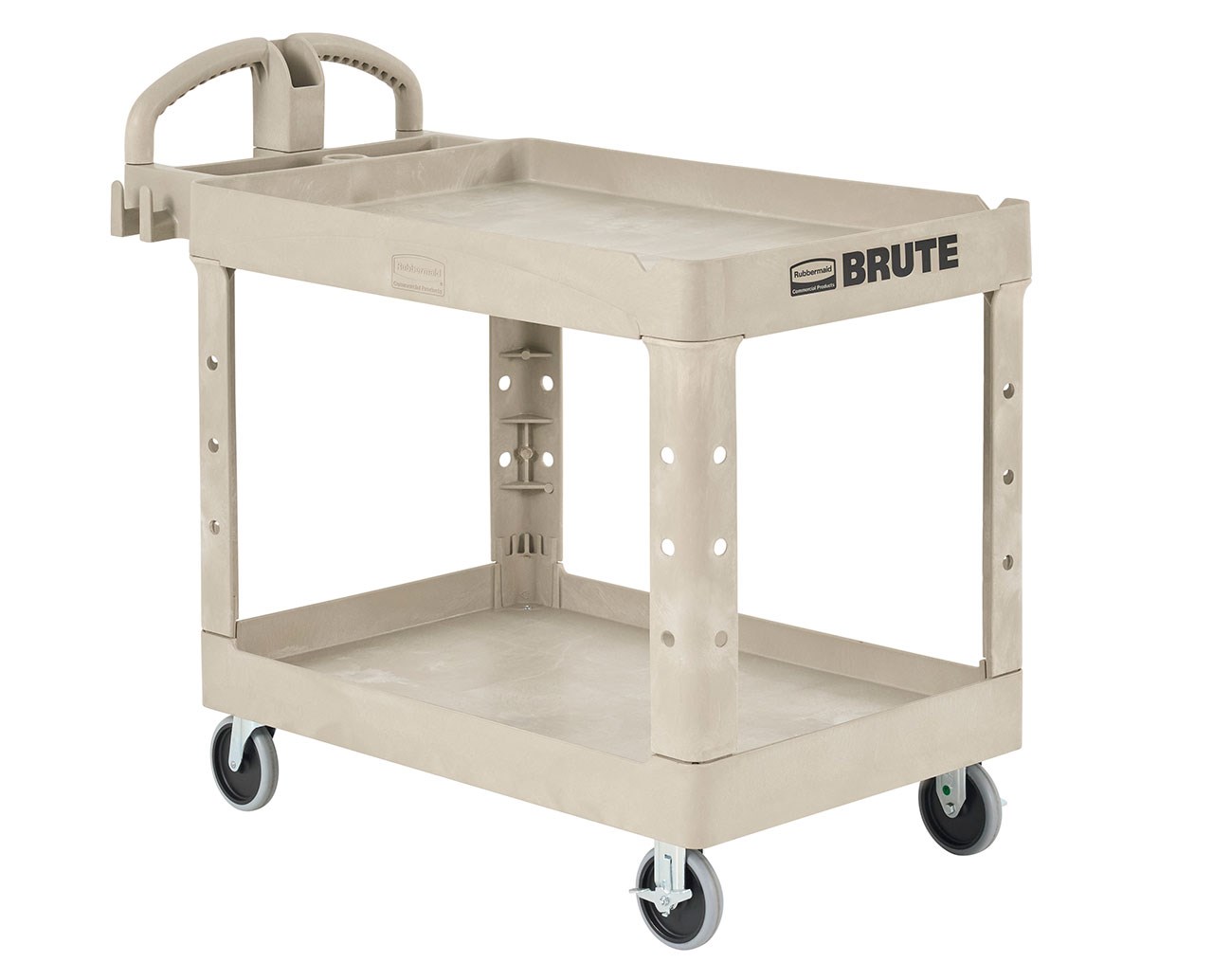 The BRUTE Heavy-Duty Utility Cart with Lipped Shelf transports materials, supplies, and heavy loads securely with up to 500 lbs. load capacity. The lipped shelves prevents items from falling off the cart and features an integrated V-notch to hold pipe and conduit securely for safe cutting.