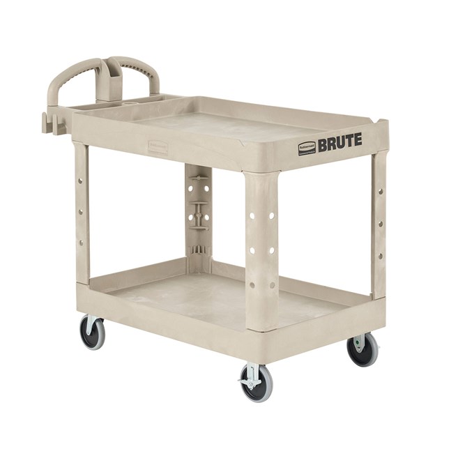 The BRUTE Heavy-Duty Utility Cart with Lipped Shelf transports materials, supplies, and heavy loads securely with up to 500 lbs. load capacity. The lipped shelves prevents items from falling off the cart and features an integrated V-notch to hold pipe and conduit securely for safe cutting.