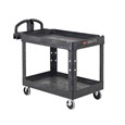 The BRUTE Heavy-Duty Utility Cart with Lipped Shelf transports materials, supplies, and heavy loads securely with up to 500 lbs. load capacity. The lipped shelves prevents items from falling off the cart and features an integrated V-notch to hold pipe and conduit securely for safe cutting.