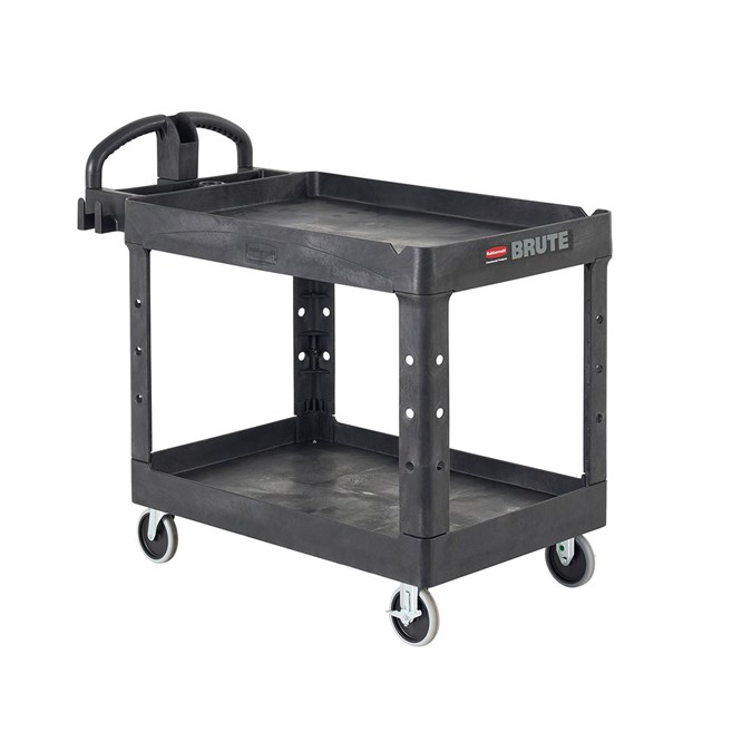The BRUTE Heavy-Duty Utility Cart with Lipped Shelf transports materials, supplies, and heavy loads securely with up to 500 lbs. load capacity. The lipped shelves prevents items from falling off the cart and features an integrated V-notch to hold pipe and conduit securely for safe cutting.