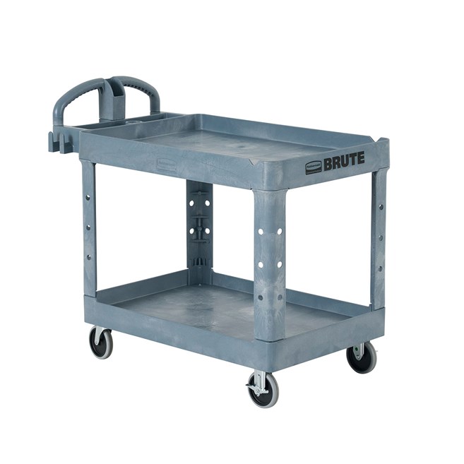 The BRUTE Heavy-Duty Utility Cart with Lipped Shelf transports materials, supplies, and heavy loads securely with up to 750 lbs. load capacity. The lipped shelves prevents items from falling off the cart and features an integrated V-notch to hold pipe and conduit securely for safe cutting.