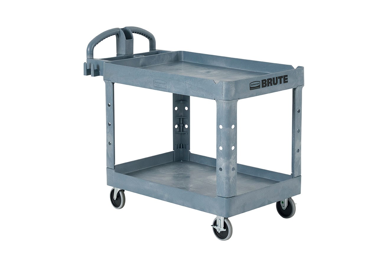 The BRUTE Heavy-Duty Utility Cart with Lipped Shelf transports materials, supplies, and heavy loads securely with up to 500 lbs. load capacity. The lipped shelves prevents items from falling off the cart and features an integrated V-notch to hold pipe and conduit securely for safe cutting.