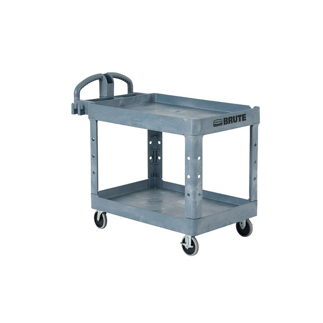 The BRUTE Heavy-Duty Utility Cart with Lipped Shelf transports materials, supplies, and heavy loads securely with up to 500 lbs. load capacity. The lipped shelves prevents items from falling off the cart and features an integrated V-notch to hold pipe and conduit securely for safe cutting.