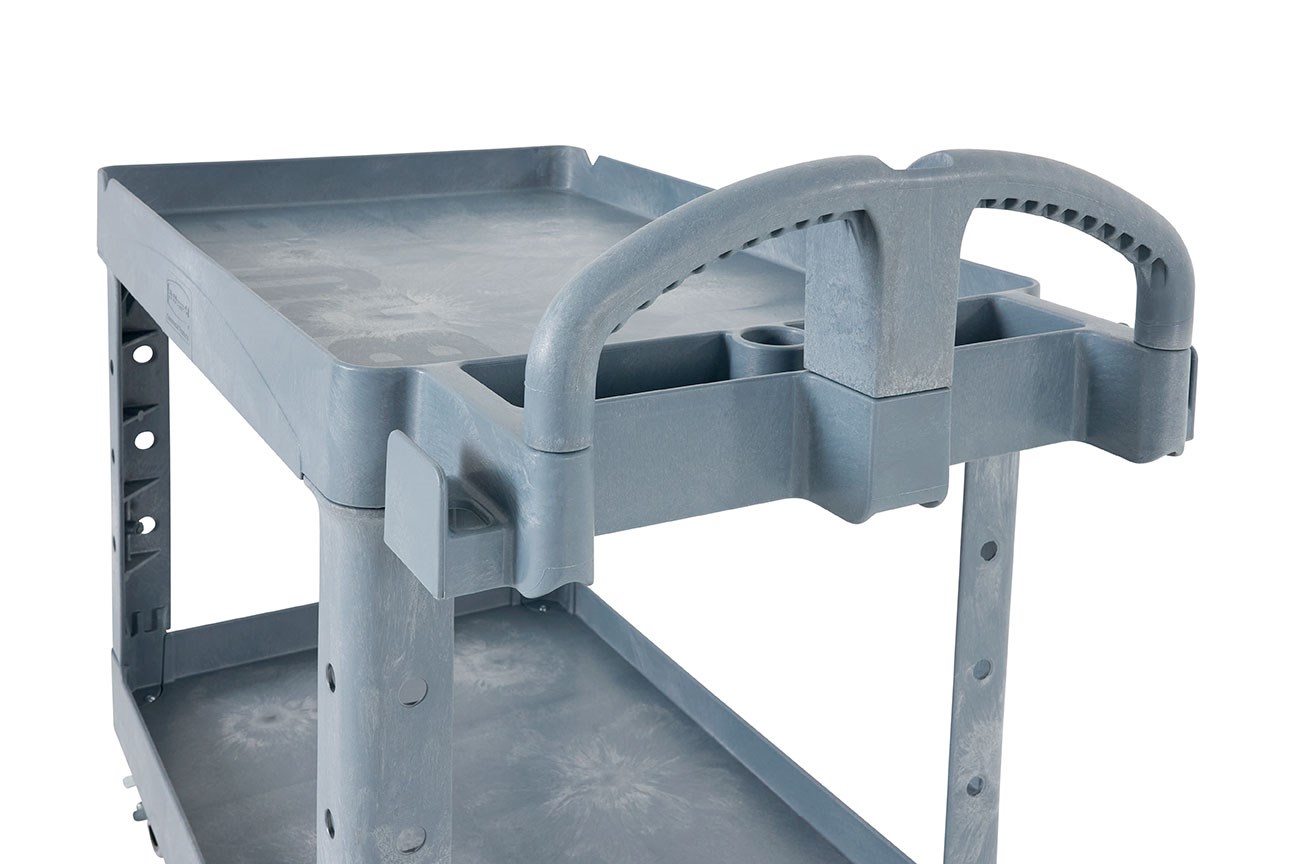 The BRUTE Heavy-Duty Utility Cart with Lipped Shelf transports materials, supplies, and heavy loads securely with up to 500 lbs. load capacity. The lipped shelves prevents items from falling off the cart and features an integrated V-notch to hold pipe and conduit securely for safe cutting.