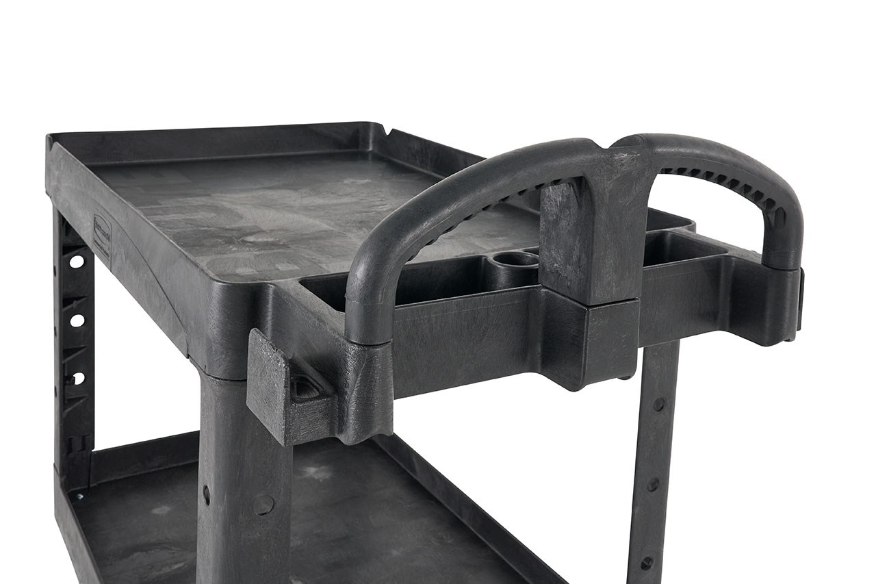 The BRUTE Heavy-Duty Utility Cart with Lipped Shelf transports materials, supplies, and heavy loads securely with up to 500 lbs. load capacity. The lipped shelves prevents items from falling off the cart and features an integrated V-notch to hold pipe and conduit securely for safe cutting.