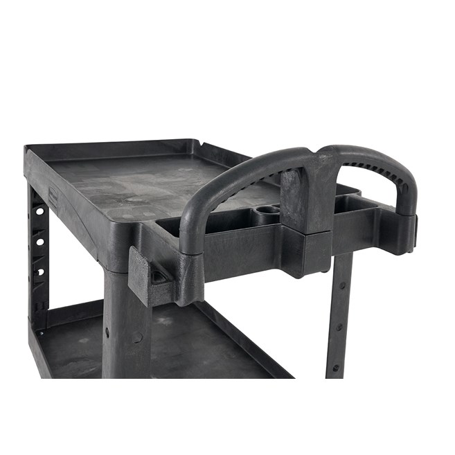 The BRUTE Heavy-Duty Utility Cart with Lipped Shelf transports materials, supplies, and heavy loads securely with up to 500 lbs. load capacity. The lipped shelves prevents items from falling off the cart and features an integrated V-notch to hold pipe and conduit securely for safe cutting.