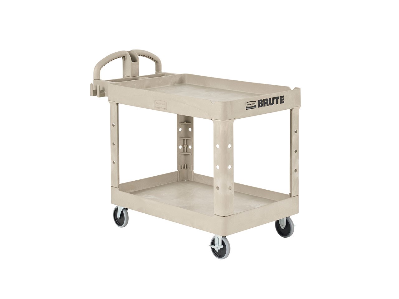 The BRUTE Heavy-Duty Utility Cart with Lipped Shelf transports materials, supplies, and heavy loads securely with up to 500 lbs. load capacity. The lipped shelves prevents items from falling off the cart and features an integrated V-notch to hold pipe and conduit securely for safe cutting.
