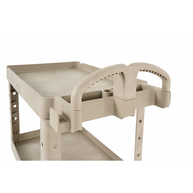 The BRUTE Heavy-Duty Utility Cart with Lipped Shelf transports materials, supplies, and heavy loads securely with up to 500 lbs. load capacity. The lipped shelves prevents items from falling off the cart and features an integrated V-notch to hold pipe and conduit securely for safe cutting.