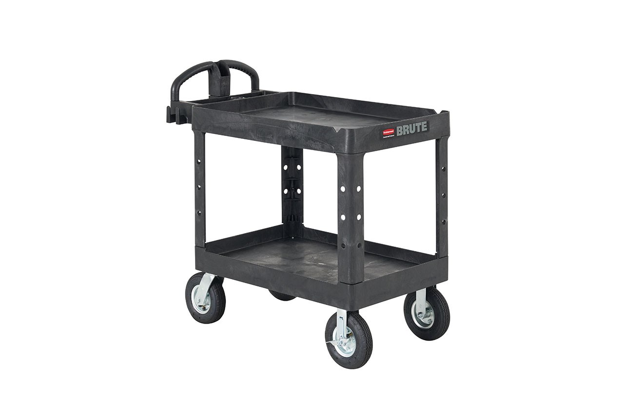 The BRUTE Heavy Duty Utility Cart with lipped shelves is a durable versatile cart that is ideal for transporting materials, supplies, and heavy loads up to 500 lbs. The lipped shelves prevent items from falling off the cart and features an integrated V-notch to hold pipe and conduit securely for safe cutting.