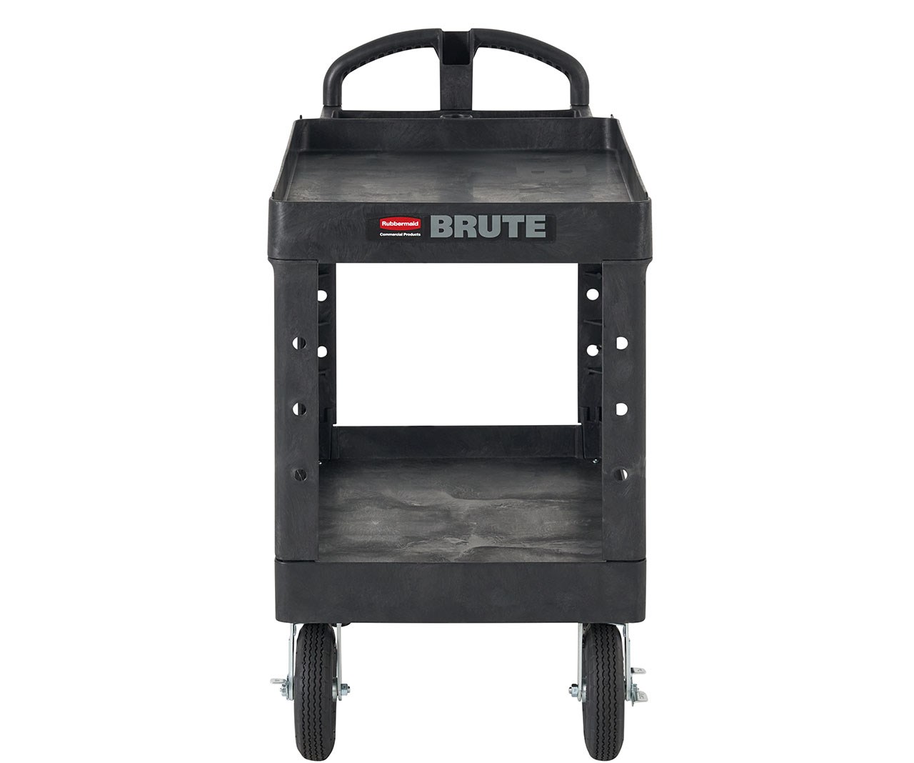 BRUTE Heavy Duty Utility Cart（BRUTEヘビーデューティーユーティリティーカート）（棚板付き）は耐久性に優れた多用途カートで、材料、消耗品、重量物（最大750ポンド）の運搬に最適です。棚板は荷物の落下を防ぎ、パイプや電線管を安全に切断できるよう、Vノッチが付いています。