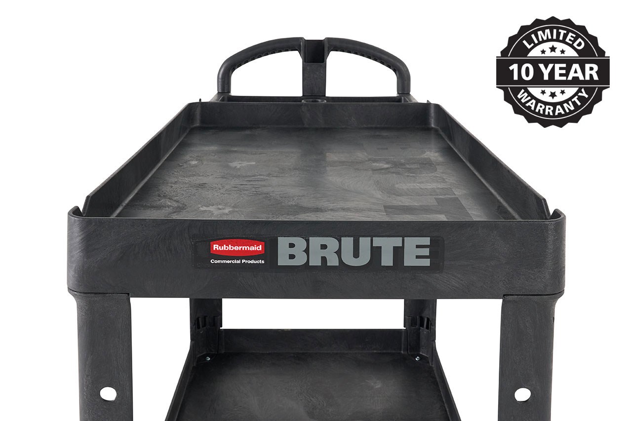 The BRUTE Heavy-Duty Utility Cart with Lipped Shelf transports materials, supplies, and heavy loads securely with up to 500 lbs. load capacity. The lipped shelves prevents items from falling off the cart and features an integrated V-notch to hold pipe and conduit securely for safe cutting.