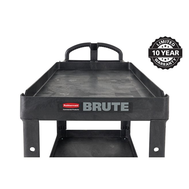 The BRUTE Heavy-Duty Utility Cart with Lipped Shelf transports materials, supplies, and heavy loads securely with up to 500 lbs. load capacity. The lipped shelves prevents items from falling off the cart and features an integrated V-notch to hold pipe and conduit securely for safe cutting.